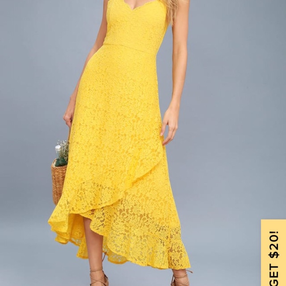 ❤️ Lulu’s Yellow Lace Midi Ruffled Hem Feminine Modest Midi Dress